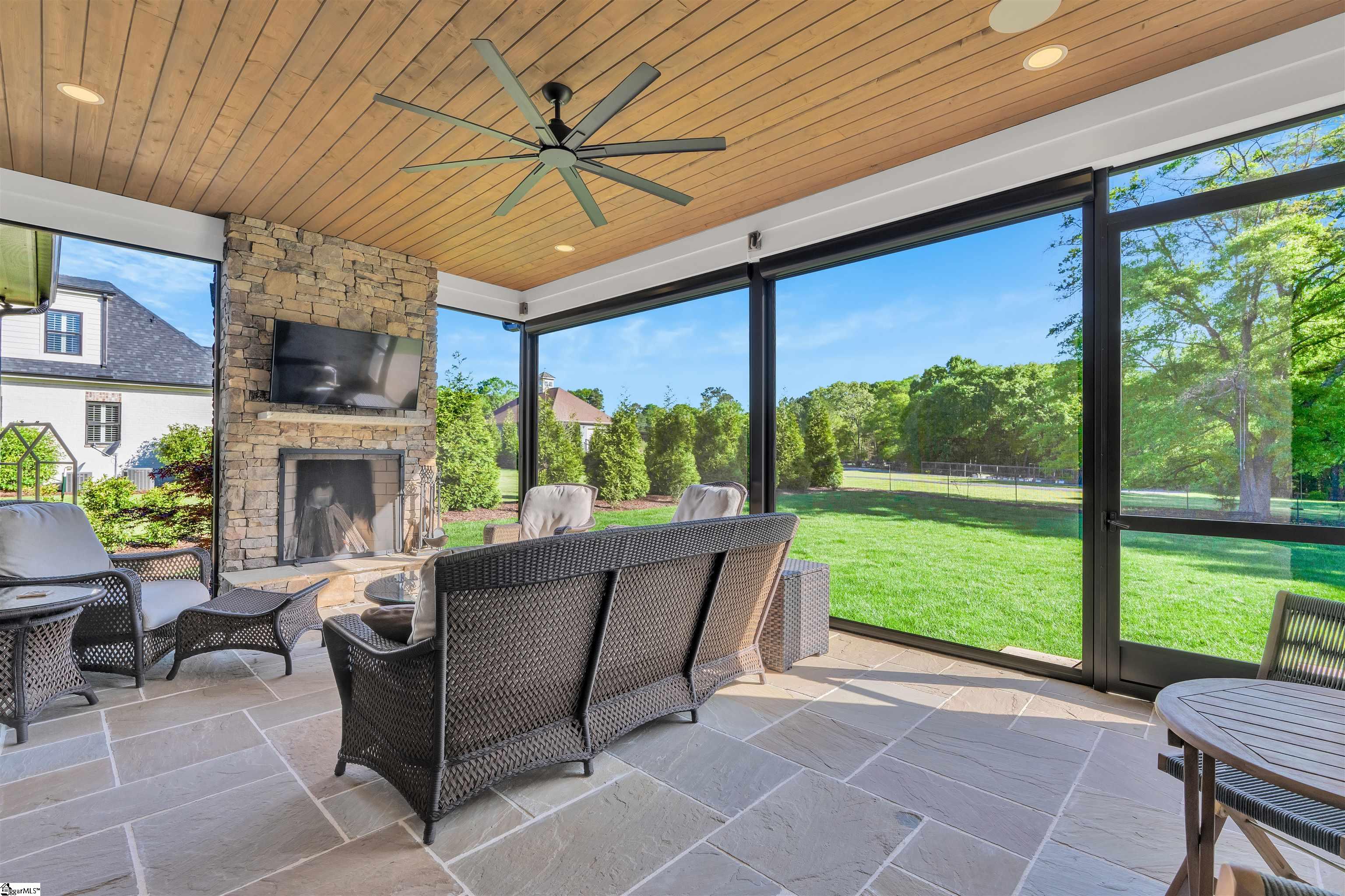 Screens can be rolled up or down at a push of a button that can make it an open air patio.
