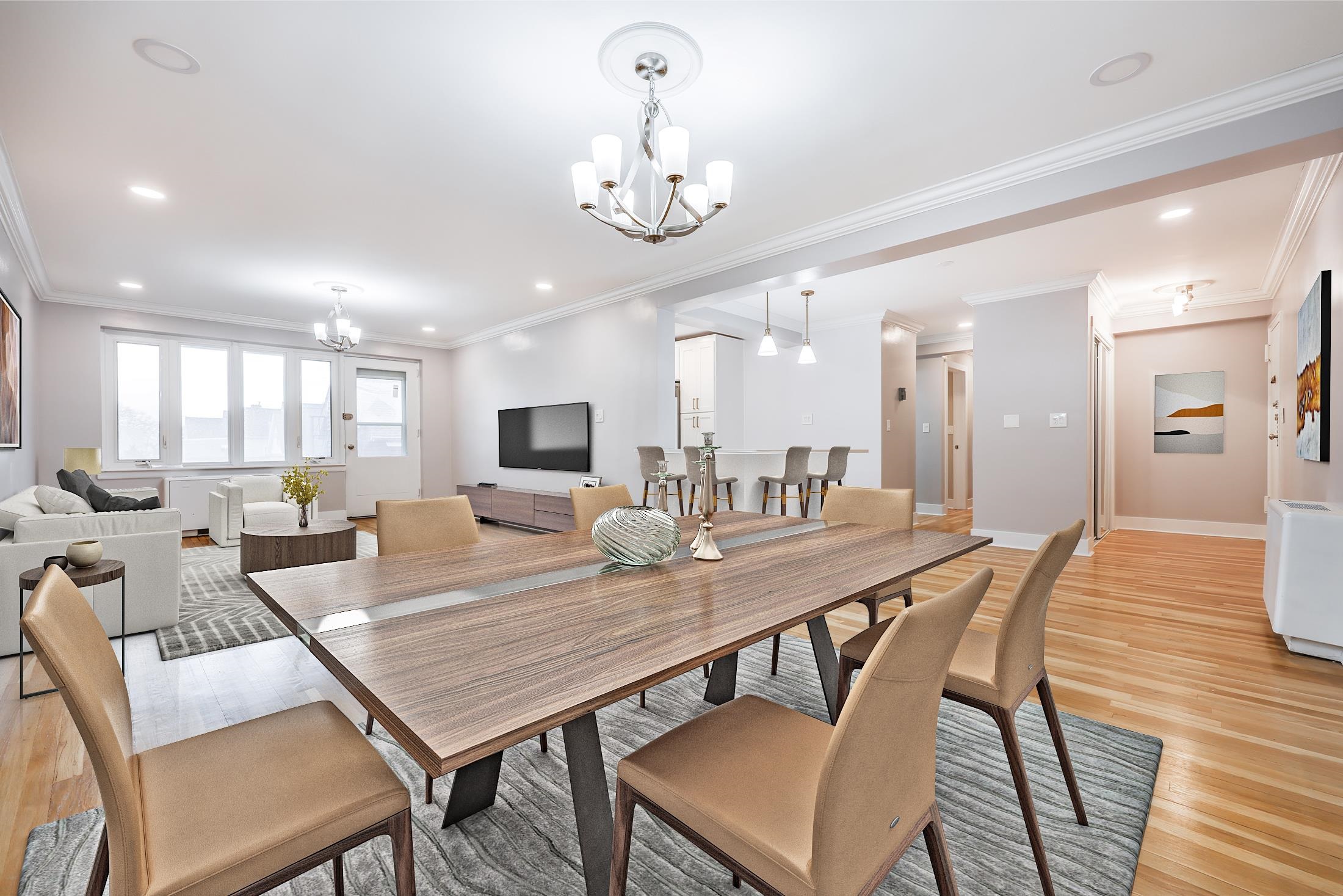 Welcome to this beautifully renovated 2-bedroom 1 bathroom 1250 SQFT CO-OP in Bayonne's Terrace Towers where modern luxury meets convenience. Situated in a well-maintained building, this home boasts top-of-the-line finishes that will immediately impress. Upon entering, you're greeted by an open-concept living space filled with natural light, creating a warm and inviting atmosphere that leads out to your private terrace. The sleek kitchen features high-end stainless steel appliances, custom cabinetry, and stunning countertops, perfect for both cooking and entertaining. The spacious living and dining areas flow seamlessly, offering plenty of room to relax or host guests. Both bedrooms are generously sized, with ample closet space and large windows, ensuring comfort and tranquility. The updated bathroom exudes style and sophistication, with contemporary fixtures and a modern design that's sure to impress. Additional home features include hardwood floors throughout. With its exceptional finishes, private outdoor space, and proximity to transportation, this home is truly a rare find. 1 Parking space is also included. Don't miss your chance to make this luxurious residence your own!