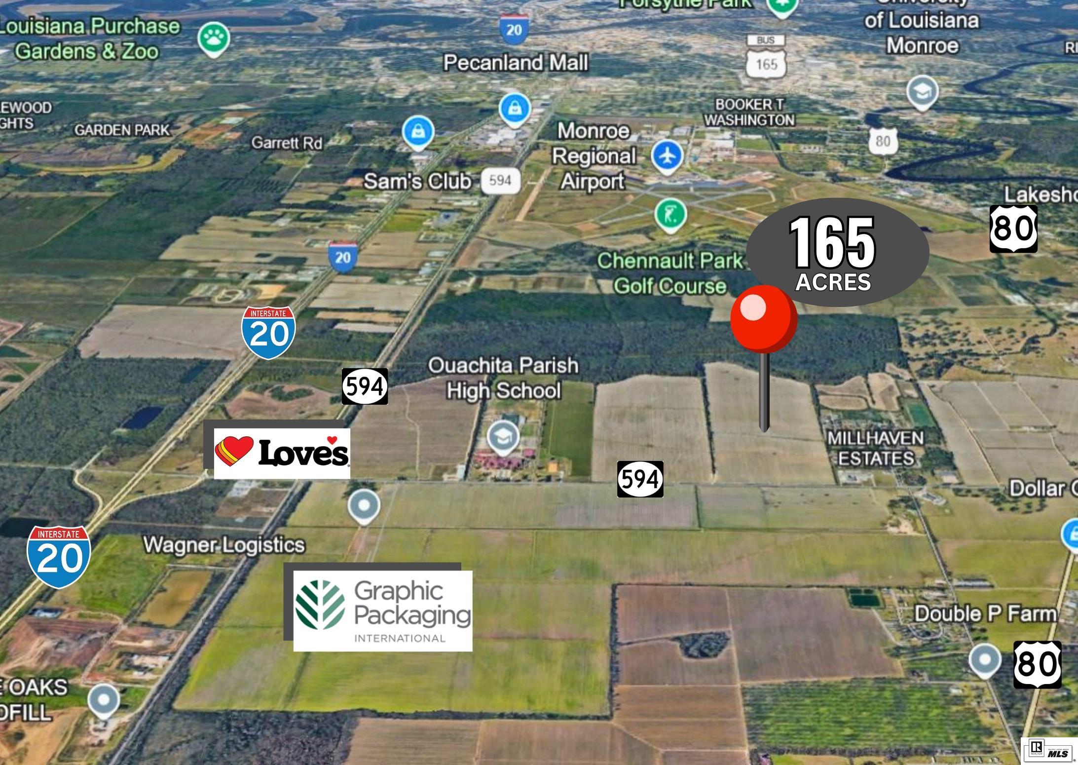 Now available for purchase!   165 +/- Acres on Hwy 594/Millhaven just east of the city of Monroe and only 22 miles from Holly Ridge, La - the new location for Meta's 4 million SF technology campus on the former Franklin Farm's 2,250 AC mega site.    This 165 Acre property has 1,670 linear feet of road frontage and is approximately 3,900' deep with an elevation of 70'.  Ownership of this property has been passed down for several generations. It has been farmed for over 75 years. The farm is currently leased year-to-year for cash rent.  All acreage, elevations and road frontage are estimates obtained from Google Earth and will need to be verified by buyer through land and topo surveys.  For more details, call listing agent.