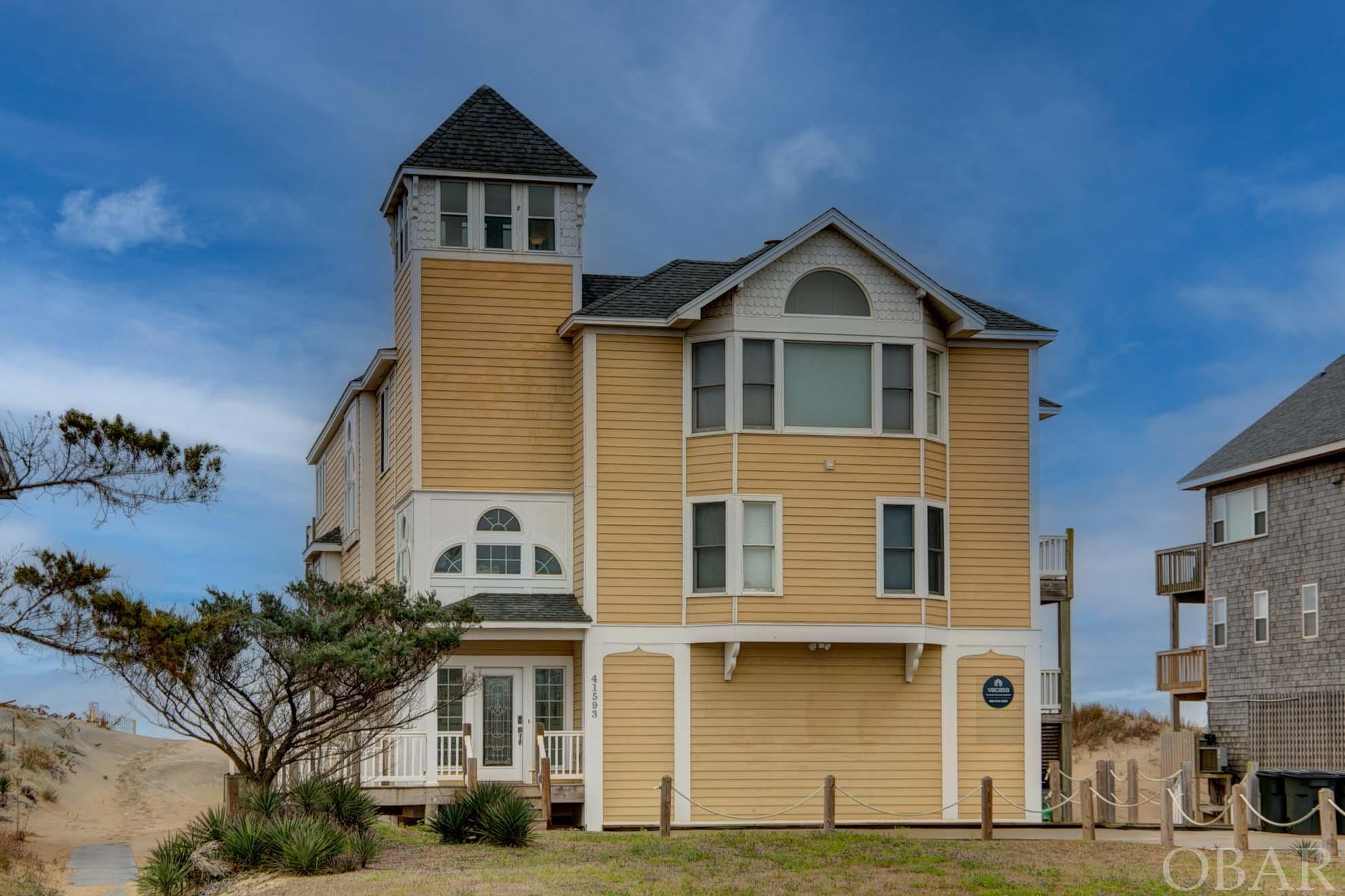 "Taj Mahatteras" is one of the most spacious oceanfront homes on Hatteras Island. There is 6,329 sf of luxurious living space on three levels connected by a winding, floating oak staircase and a glass elevator. Taj offers 7 Ensuites and 2 half baths. On the top level you will find a 1,600 sf great room with a gourmet kitchen, a dining room that comfortably seats all, a huge living room with a see through gas fireplace to an elevated gathering area ideal for putting together puzzles, playing cards or having breakfast with a sunrise view. There are 2 Ensuites on this level. The 2nd level is home to 5 Ensuites (2 that have gas fireplaces and ocean facing decks). The 8 person hot tub with an ocean view is also on this level. On the first level you'll find a second living room with a pool table and wet bar and another activity area with a home theater room; sauna; shuffleboard and various game tables. This home also offers a private inground swimming pool. You'll never feel crowded or bored at Taj MaHatteras, making this property a very desirable vacation destination which equals a wonderful investment opportunity.