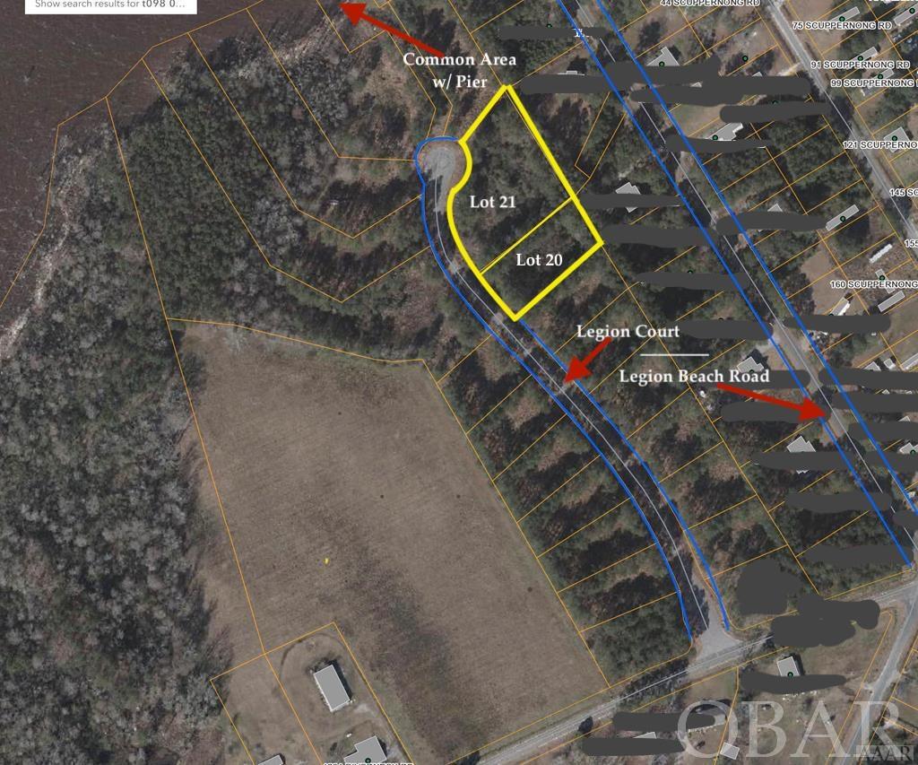 Lots 20 & 21 on Legion Court, in Phase 2 of Legion Woods!  Across the cul de sac from the sound-front common area and pier, with water views!      A Double Building Lot (2 lots, 1.55 acres) on a Cul De Sac w/ views of the Albemarle  Sound, in a small, quaint residential area that's situated on a scenic point where the Mouth of the Scuppernong River meets the Albemarle Sound!      Legion Woods is only 5 miles from the heart of Columbia, and LESS THAN 45 MILES from the OBX with a fast & easy commute to and from!      On the Cul De Sac of a short paved road which ends on the Sound.      Partly-wooded, with a clearing that was done a few years ago, for a potential building site; over 1.5 acres and level.      The property was approved and permitted for a 3BR septic system (permit expired in 2023).      County water & underground electric available!      *11 more lots are also for sale-2 of which are sound-front... 3 of them are on the next road over (Legion Beach Road), in Phase 1 of Legion Woods, and the remaining lots are on Legion Court; they are different sizes, different prices... these lots are all listed individually - however, there are multi-lot groupings listed together at discounted prices compared to the sum of the individual lots' listed prices... or you can purchase all 13 (or however many are still available) at a considerable discount!**